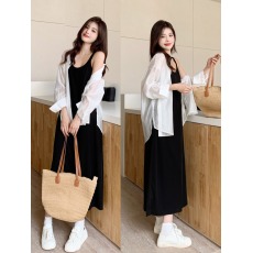 批发黑色双吊带连衣裙女雪纺衬衫防晒两件套显瘦休闲百搭背心打底长裙