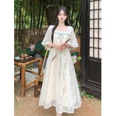 批发新中式国风复古短袖<b class='q'>蕾丝</b>刺绣<b class='q'>连衣裙</b>夏季大码宽松改良汉服大摆长裙