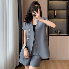 批发白色无领短袖西装外套女夏季薄款2025新款小个子职业装<b class='q'>小</b><b class='q'>西服</b>套装