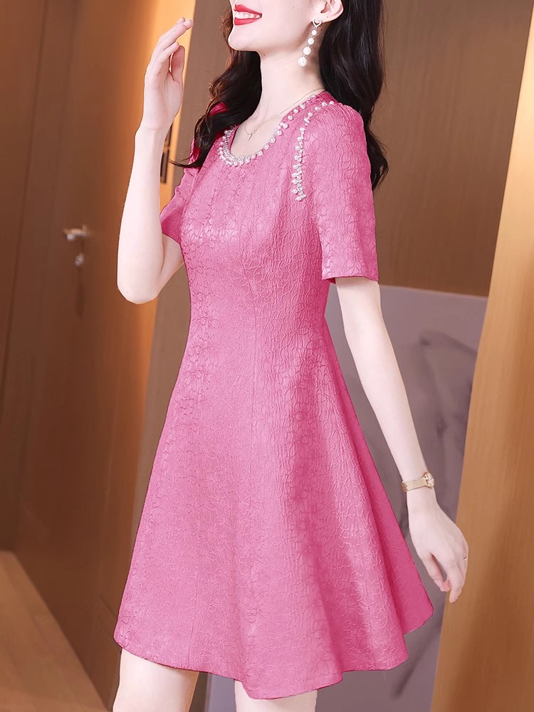 LN32156# 夏季新款女士小个子高端时尚洋气减龄甜美粉色短袖T恤连衣裙 服裝批發女裝批發服飾貨源