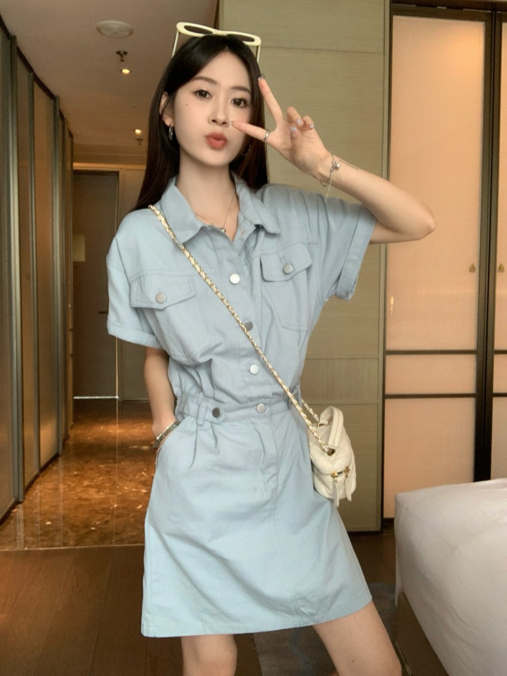 Real shots and real prices ~ Summer new Hong Kong style Korean style fashionable waist slimming short-sleeved washed cotton dress for women