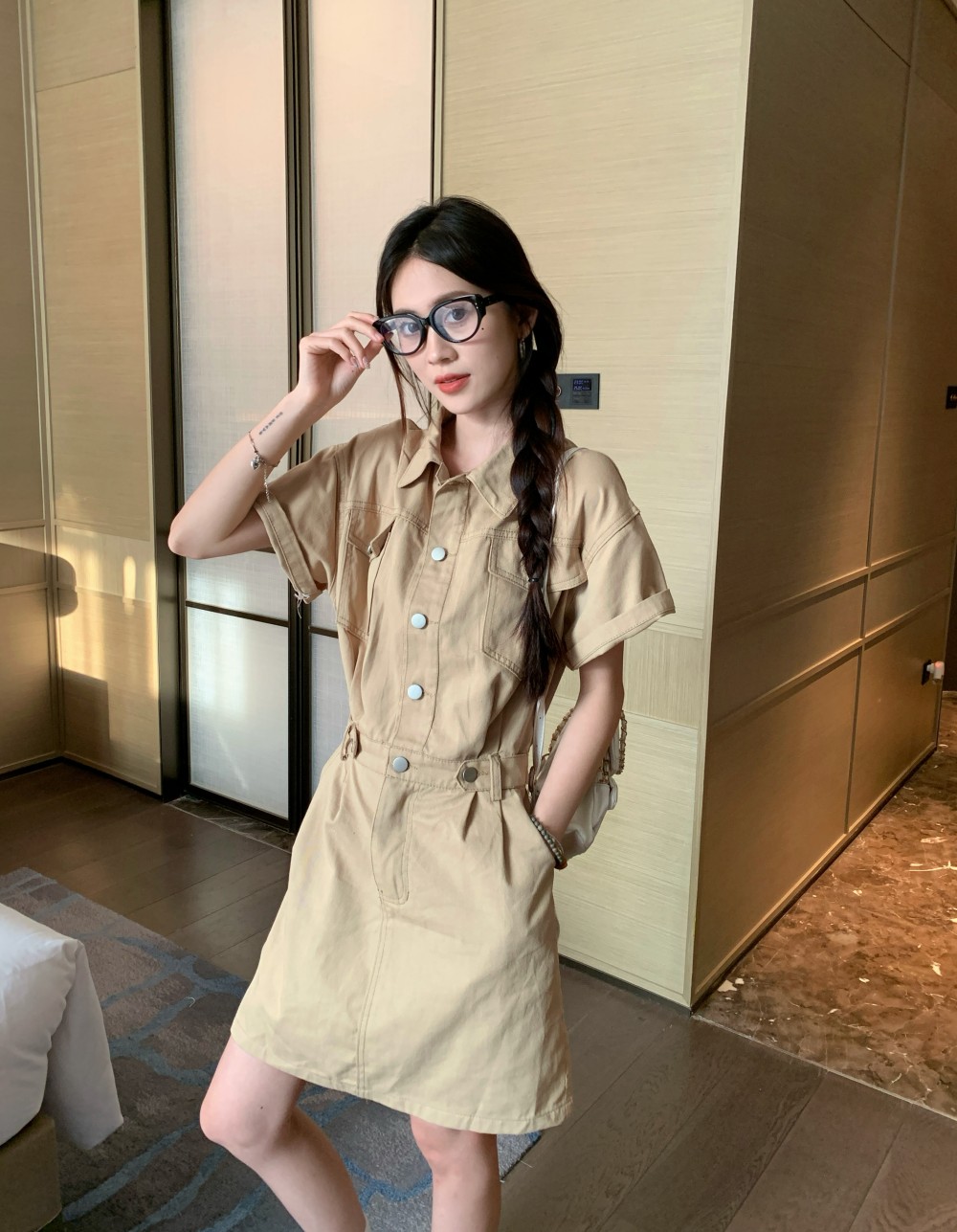 Real shots and real prices ~ Summer new Hong Kong style Korean style fashionable waist slimming short-sleeved washed cotton dress for women