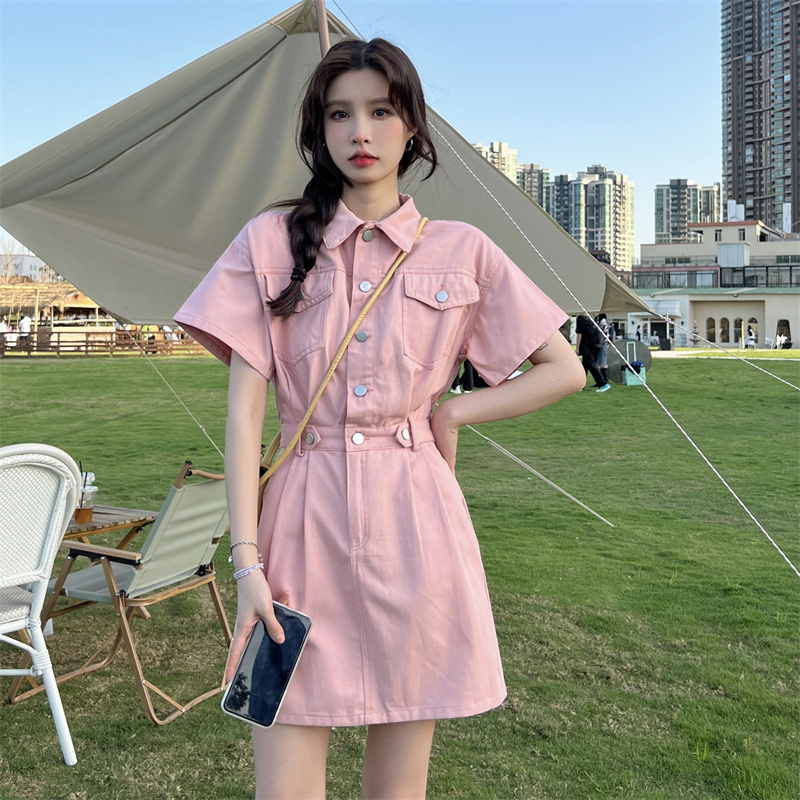 Real shots and real prices ~ Summer new Hong Kong style Korean style fashionable waist slimming short-sleeved washed cotton dress for women