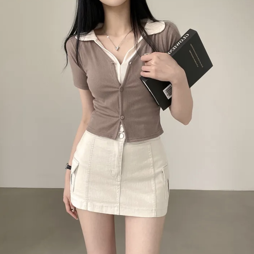 LN32275# 韩国chic拼色减龄上衣气质高级感假两件不规则设计感短袖T恤 服裝批發女裝批發服飾貨源