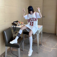 批发纯棉实价包领假两件短袖t恤女夏<b class='q'>中长款</b>背心篮球服宽松运动球衣