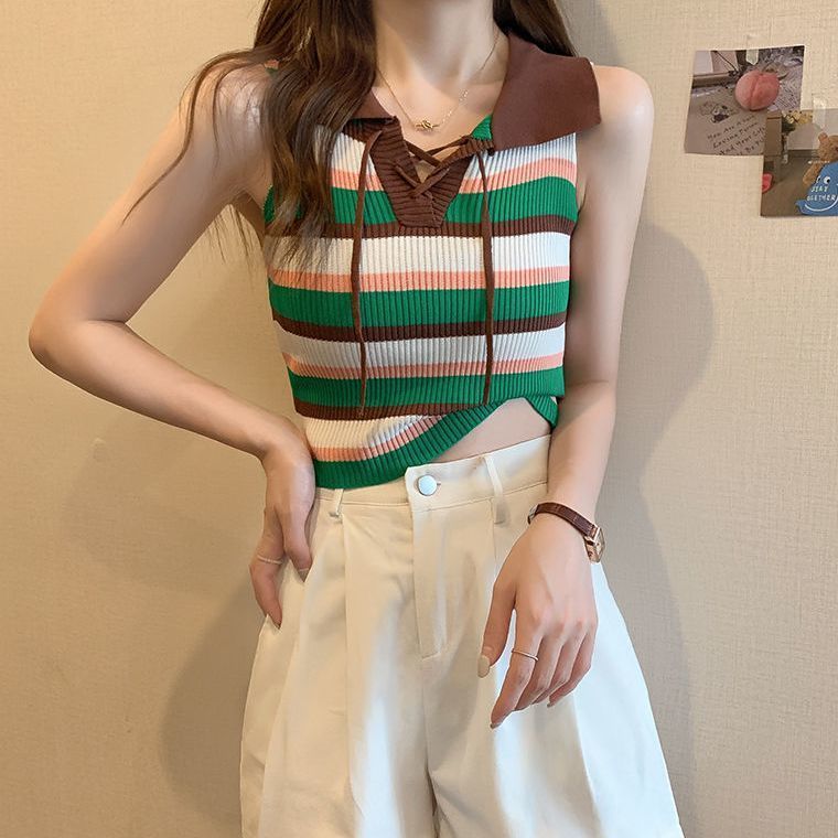 3982A02 Striped Camisole Women's Summer New Contrast Color Polo Neck Design Short Top Icy Silk