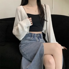 批发杏色镂空长袖针织开衫女夏2024新款防晒罩衫吊带外搭短款坎肩上衣