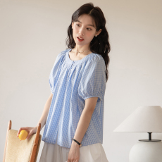 批发实拍2026夏新款韩版甜美减龄圆领套头格子短袖衬衫宽松小衫女