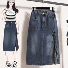 批发实拍春<b class='q'>夏</b>新款大码弹力松紧腰薄款牛仔半身裙胖MM休闲中长款A字裙