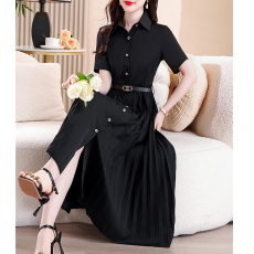 实拍衬衣领夏季2026新款收腰皮带系带短袖百褶裙显瘦气质裙子