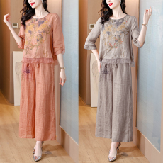 批发2024<b class='q'>夏</b>季新款民族风文艺印花棉麻套装女气质妈妈上衣阔腿裤两件套