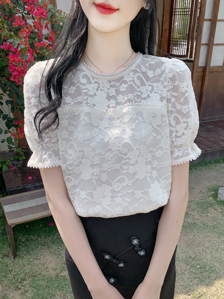 LN32661# 夏设计感时尚韩版新款灯笼袖蕾丝衬衫女法式短袖上衣女 服裝批發女裝批發服飾貨源