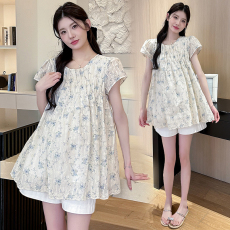 实拍孕妇夏新款甜美时尚套装宽松绣花圆领娃娃衫上衣