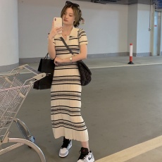 批发韩系条纹polo领针织连衣<b class='q'>裙</b>女气质修身显瘦竖坑条短袖长<b class='q'>裙</b><b class='q'>夏季</b>