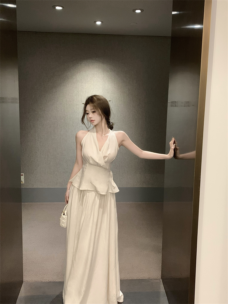 MY1235# 新中式V领绑带背心＋气质大裙摆半裙简约套装女裝貨源服裝批發