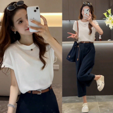 批发2026<b class='q'>夏</b>新款女针织宽松条纹显瘦百搭上衣+纯色宽松简约9分裤休闲裤