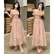 批发实拍~<b class='q'>大码</b>女装少女长款方领泡泡袖碎花<b class='q'>雪纺</b>连衣裙夏季法式长裙子