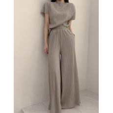 批发INS 夏季新款气质垂感显瘦褶皱压褶宽松空气阔腿<b class='q'>裤</b>子套<b class='q'>装</b>