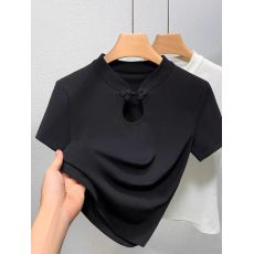 批发新中式盘扣上衣女夏新气质复古国风女装修身正肩黑色打底T恤