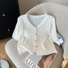 批发实拍 大货2026夏季新款设计感小香风V领别致亮片短袖针织衫上衣女