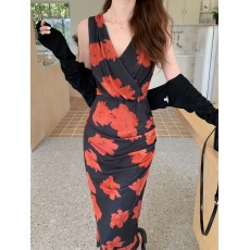 批发大码复古轻熟风御姐高级感网纱印花长裙夏性感V领修身包臀连衣裙