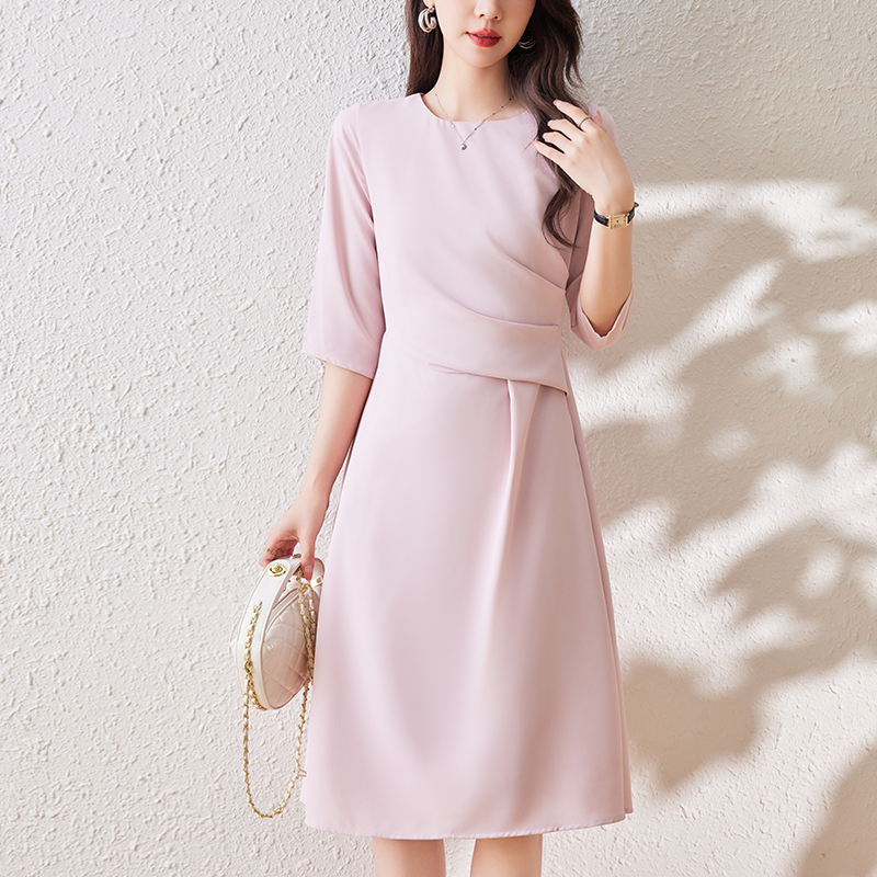 LN33434# 夏季新款粉色淑女法式捏褶藏肉显瘦中袖连衣裙 服裝批發女裝批發服飾貨源