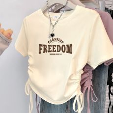 批发抽绳短袖t恤女童冰丝凉爽小个子<b class='q'>亲子装</b>短款体恤修身洋气卡腰上衣