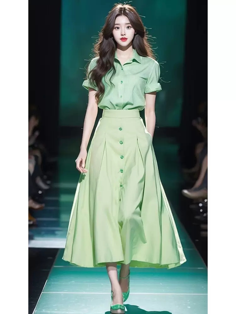 LN36120# 夏装搭配一整套韩系绿色衬衫套装裙女今年流行漂亮温柔系炸街奶乖 服裝批發女裝批發服飾貨源 
