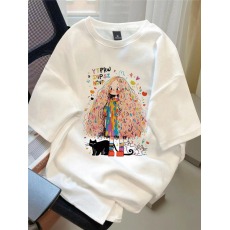 批发抖音爆款落肩宽松版型200克精梳纯棉后包边短袖T恤印花款