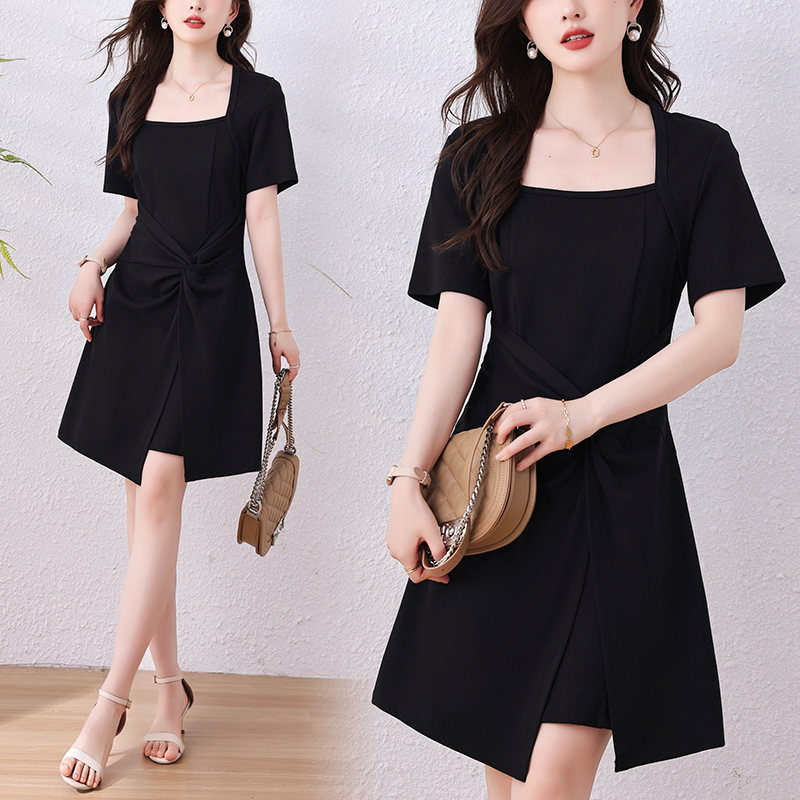 LN32730# 魅力磁场夏季新款时尚气质不规则裙摆显瘦小黑裙 服裝批發女裝批發服飾貨源