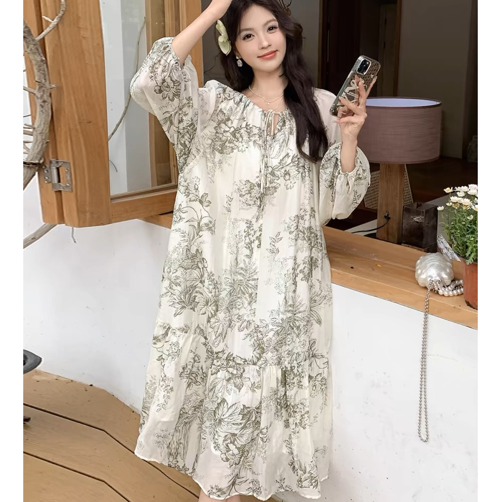 PF29283#新款法式复古碎花连衣裙夏季女设计感宽松遮肉洋气长款A字裙女裝貨源服裝批發