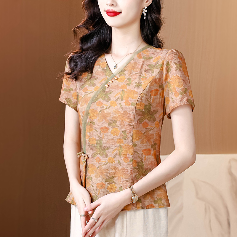 MY7941# 国风欧根纱拼接短袖衬衫女夏新款复古碎花苎麻小衫洋气上衣女裝...