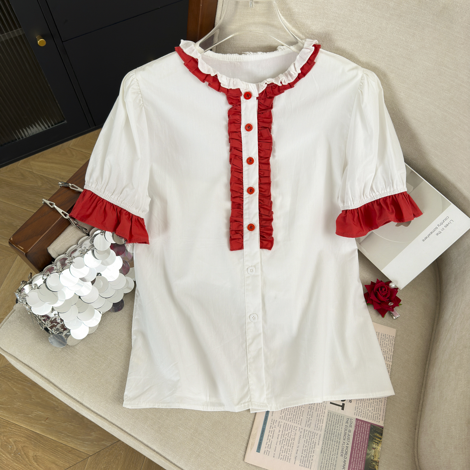 LN35609# 新款女夏季流行小衫短袖白色衬衫甜辣小上衣气质潮 服裝批發女裝批發服飾貨源