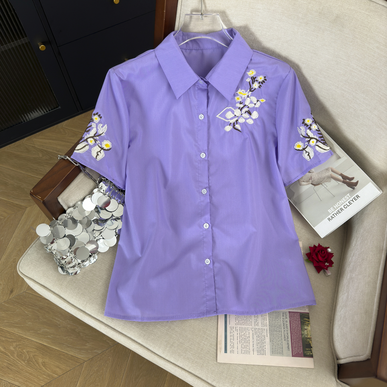 LN35606# 夏季新中式国风紫色绝美短袖衬衫上衣女绝美独特小衫 服裝批發女裝批發服飾貨源