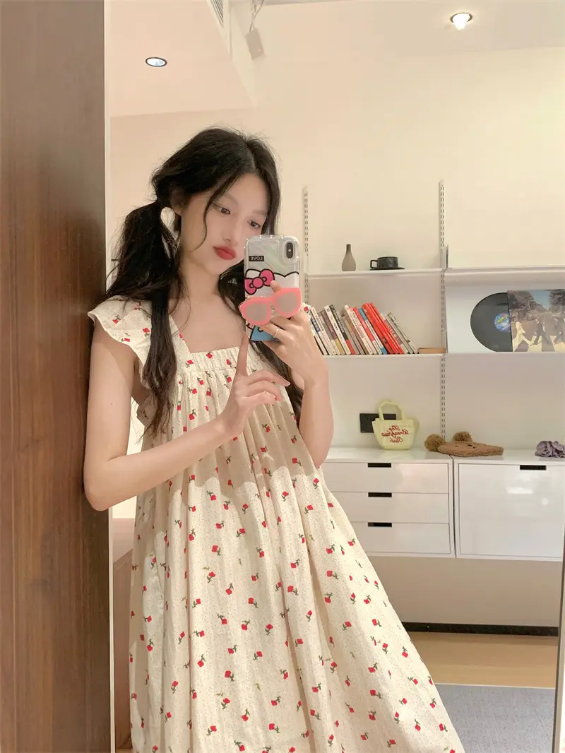 프린트 청순한 무소매 홈웨어 원피스 상세 이미지 1