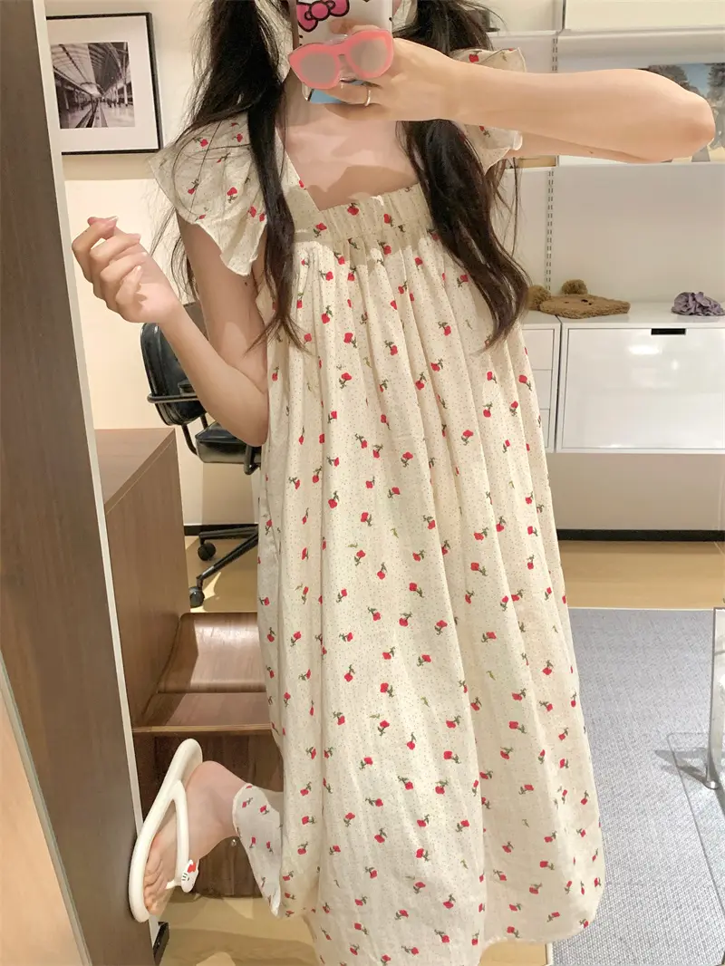 프린트 청순한 무소매 홈웨어 원피스 상세 이미지 2