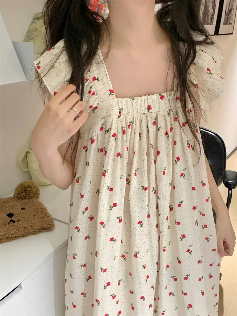 프린트 청순한 무소매 홈웨어 원피스 상세 이미지 4