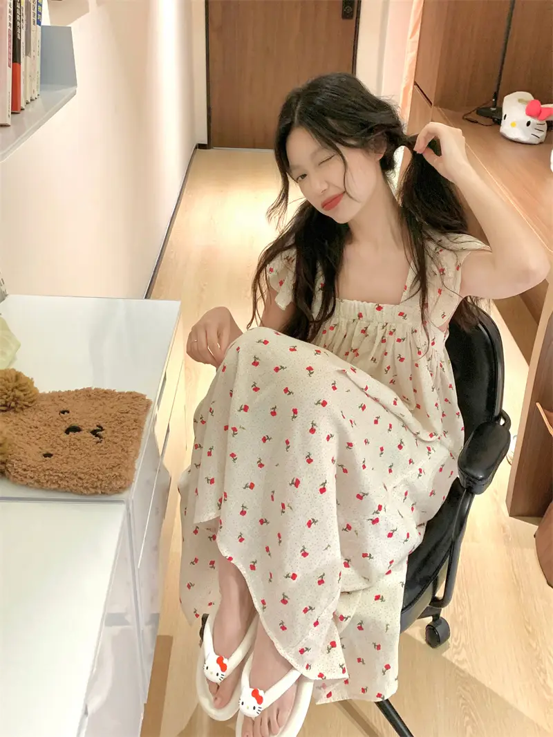 프린트 청순한 무소매 홈웨어 원피스 상세 이미지 5