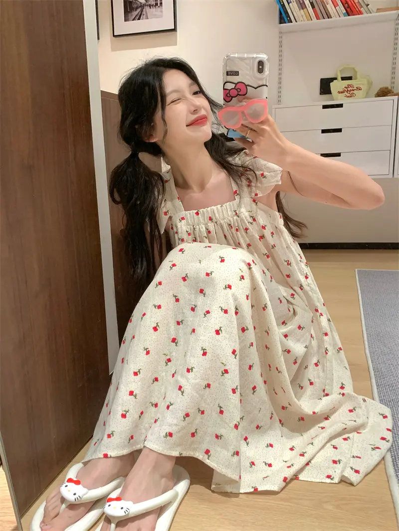 프린트 청순한 무소매 홈웨어 원피스 상세 이미지 7