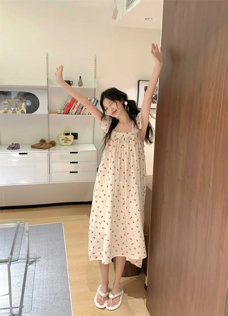 프린트 청순한 무소매 홈웨어 원피스 상세 이미지 8
