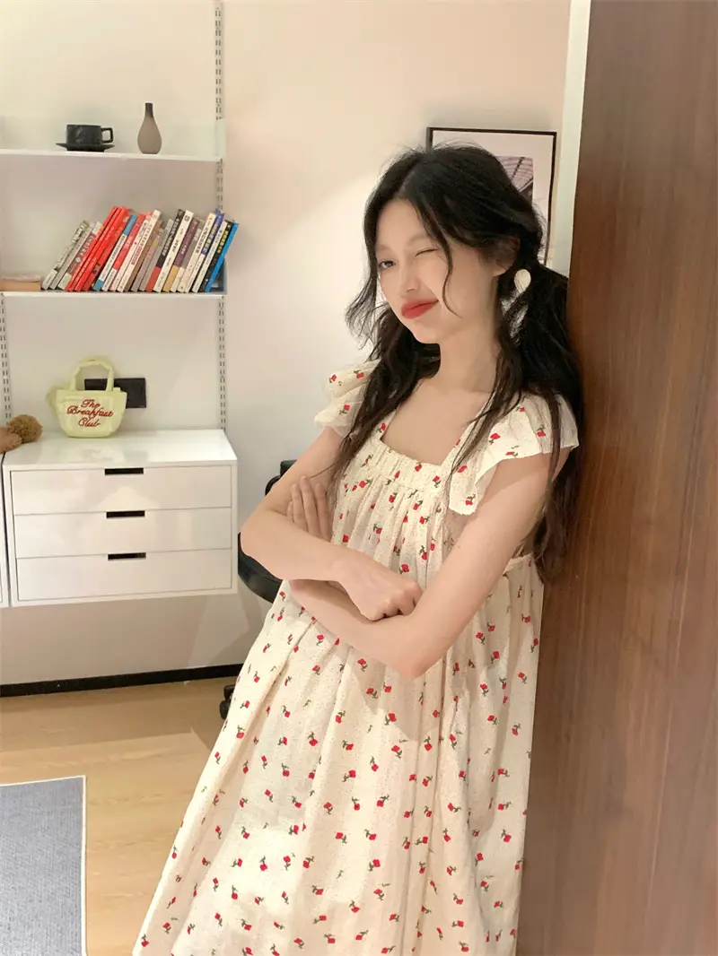 프린트 청순한 무소매 홈웨어 원피스 상세 이미지 9