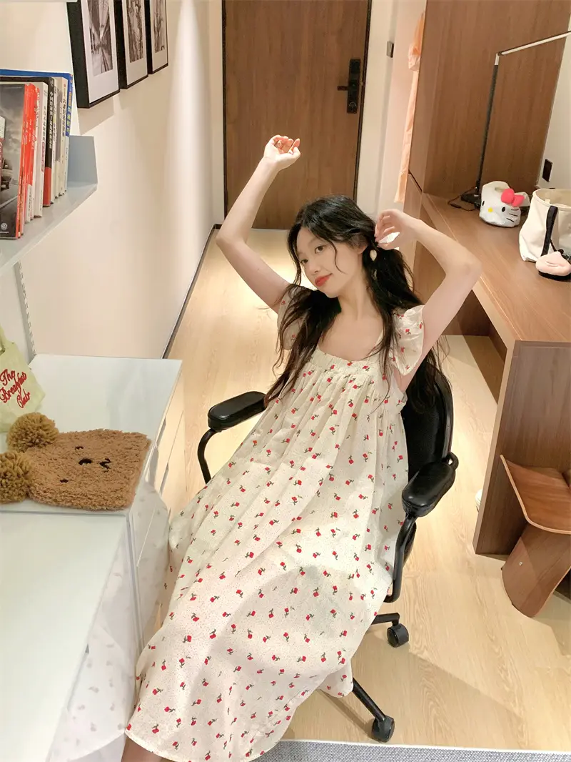 프린트 청순한 무소매 홈웨어 원피스 상세 이미지 11