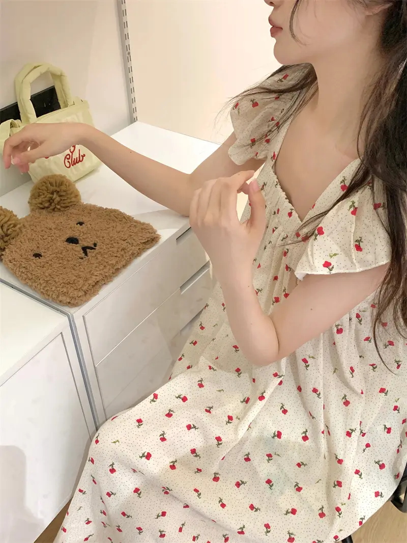 프린트 청순한 무소매 홈웨어 원피스 상세 이미지 13