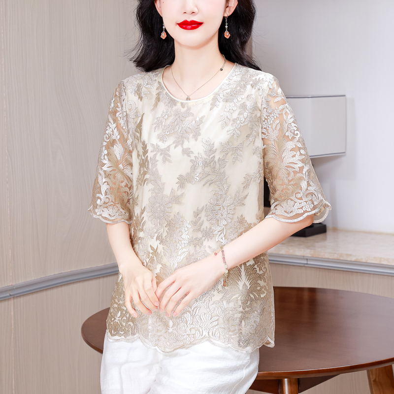 PF19831#夏装2024新款洋气短袖T恤上衣女装时尚刺绣蕾丝女裝貨源服裝批發