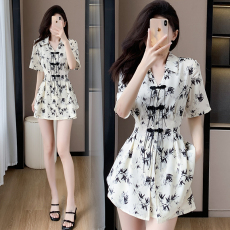 批发实拍2025夏季新款时尚复古水墨画盘扣气质显瘦减龄<b class='q'>大码</b>女装两件套