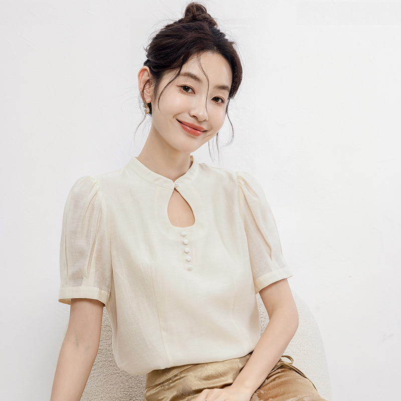 실사 2026 년 봄 여름 새로운 스탠드 칼라 반팔 여성 셔츠 여름 새로운 새로운 중식 빛 국풍 맨위