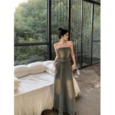 批发美式复古<b class='q'>套装</b>女性感辣妹<b class='q'>牛仔</b>抹胸高腰半身裙