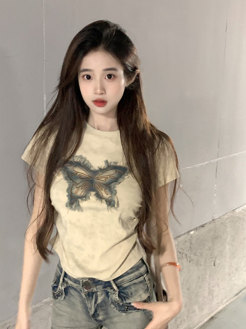 MY812# 短袖t恤女夏韩版刺绣修身短款正肩圆领上衣女裝貨源服裝批發