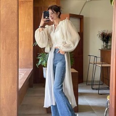 批发潮范复古泡泡袖褶皱纹荷叶边开襟外套款