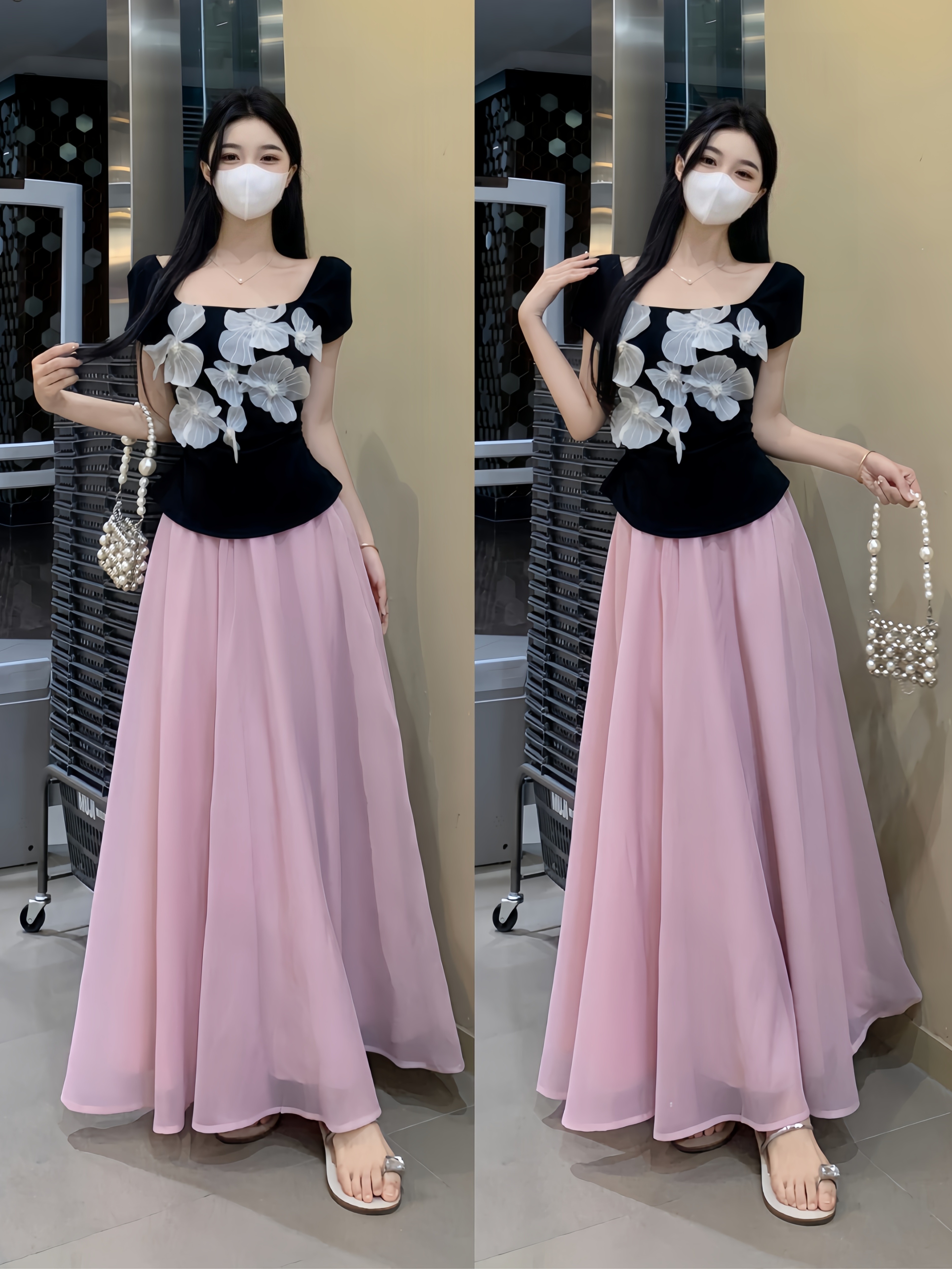LN33849# 手工花朵高级感显瘦T+百搭垂感半身裙两件套 服裝批發女裝批發服飾貨源